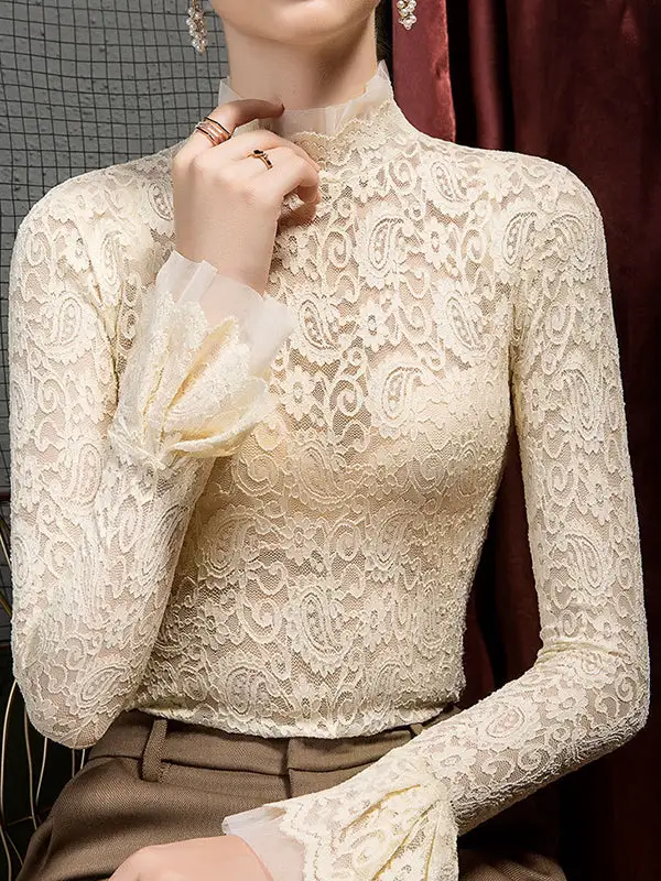 Flared Sleeve Long Sleeve Sheer Panel Detail Mock Neck T-Shirt