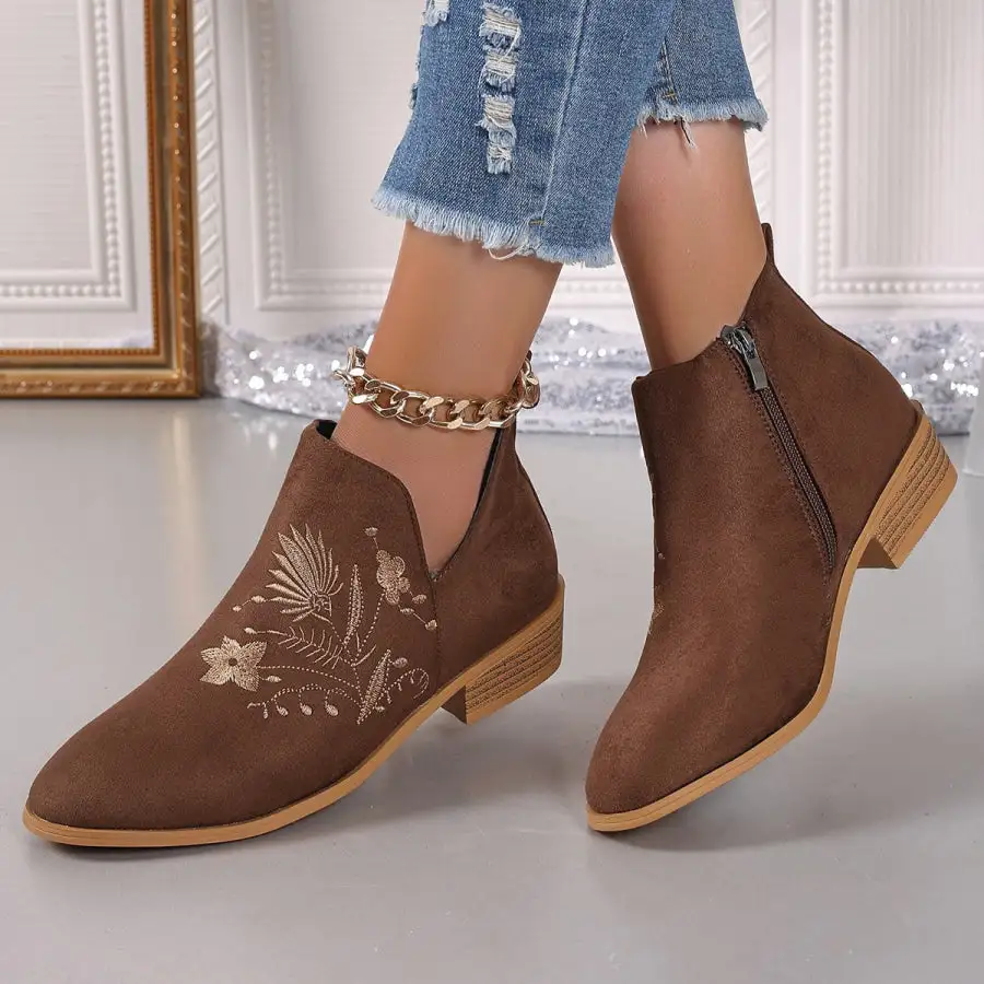 Embroidered Suede Pointed-Toe Block-Heel Boots