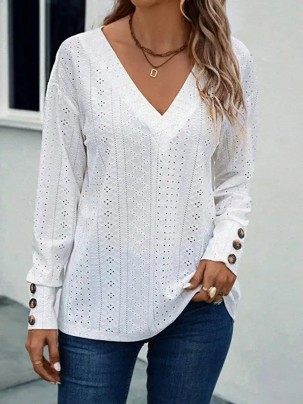 Long Sleeve Relaxed Button Detail V-Neck T-Shirt