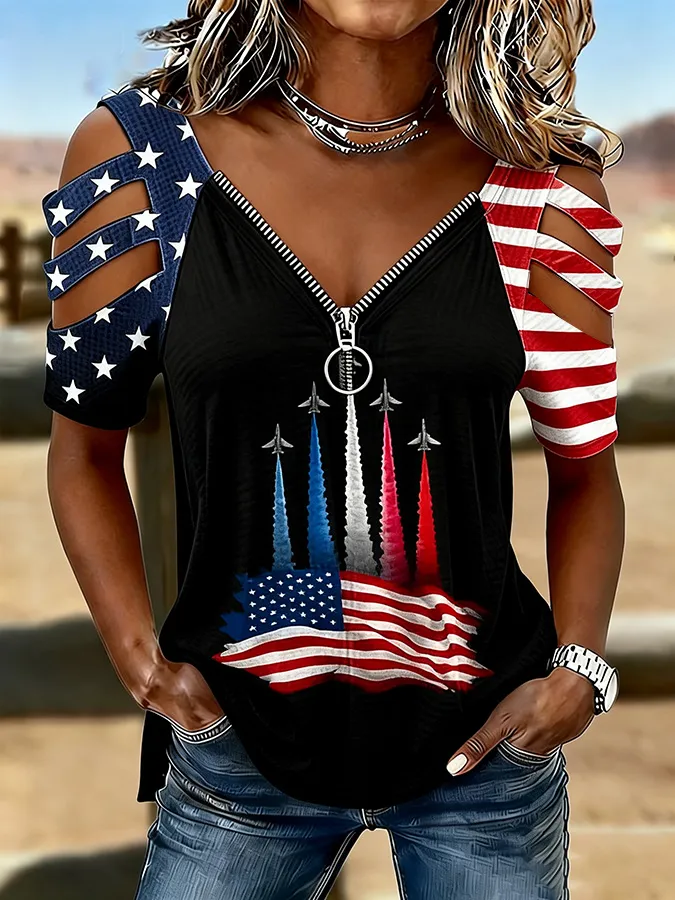 Female Casual Hollowed Out Patriotic T-Shirt