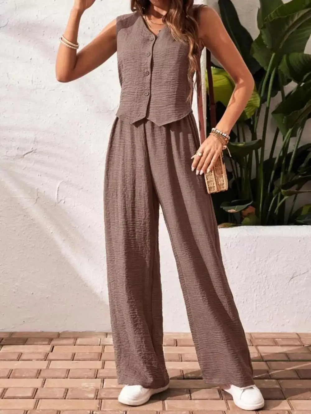Button Front Wide Leg Jumpsuit