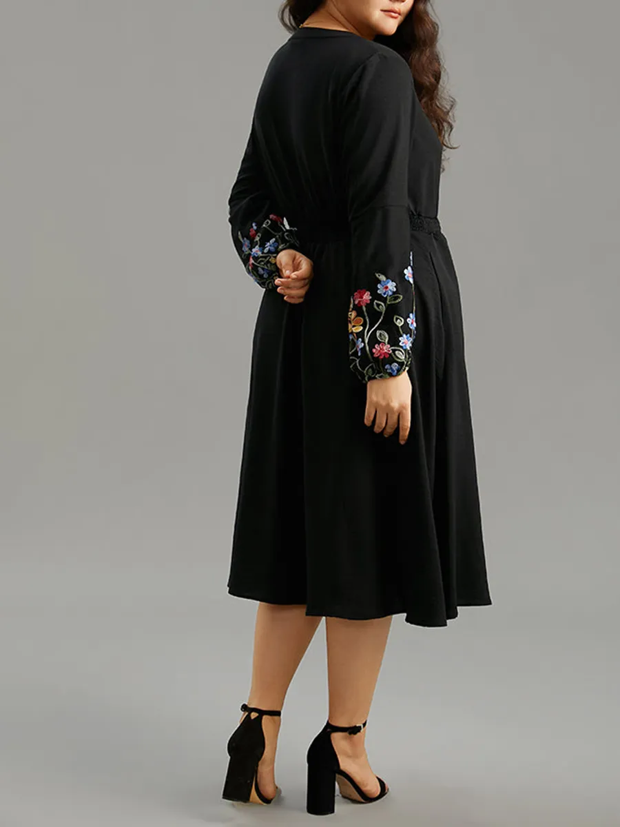 Elegant Premium Waist V-Neck Embroidered Dress
