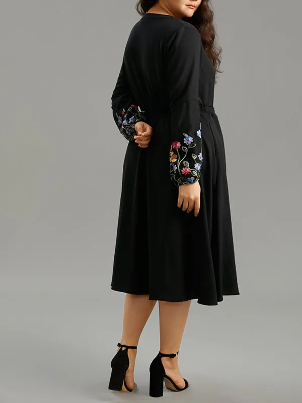 Elegant Premium Waist V-Neck Embroidered Dress