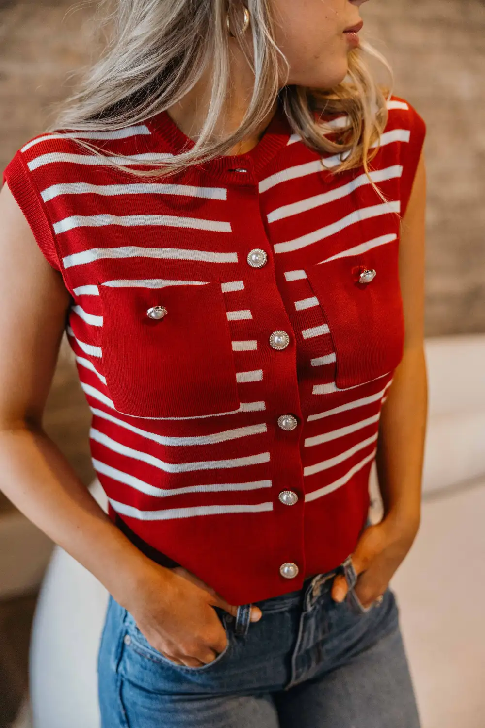 Red Stripe Rhinestone Button Vest