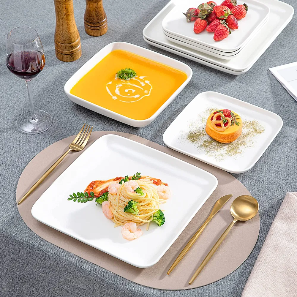 MALACASA Dishes Set for 12, Marble Grey Square Dinnerware Sets, 48 Piece Porcelain Plates and Bowls Sets with Dinner Plates, Dessert Plates, Soup Plates and Cereal Bowls, Series IVY