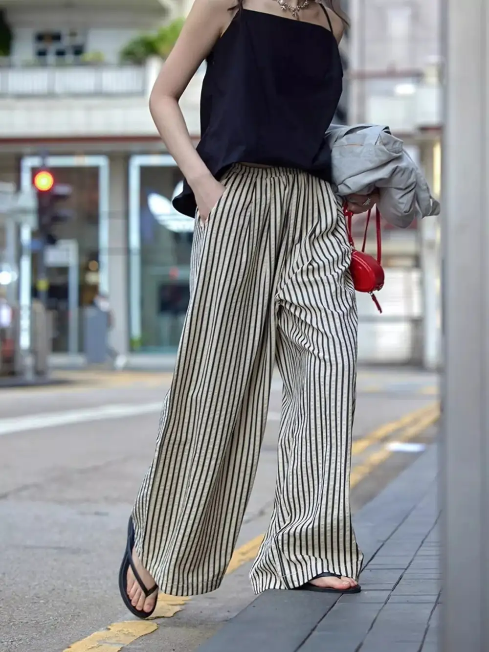 Full Size Striped Drawstring Waist Wide Leg Pants