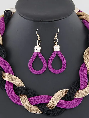 Handwoven Twist Metal Thick Chain Vintage Necklace Earrings Set