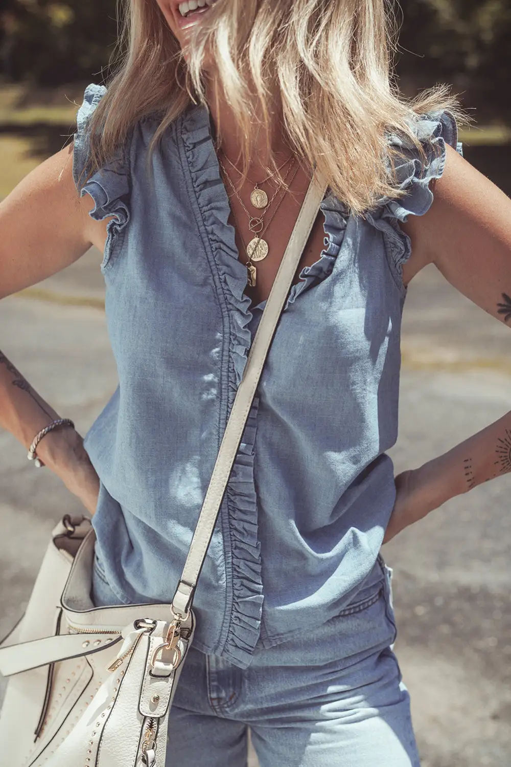 Frilly Ruffle Trim V Neck Chambray Tank Top