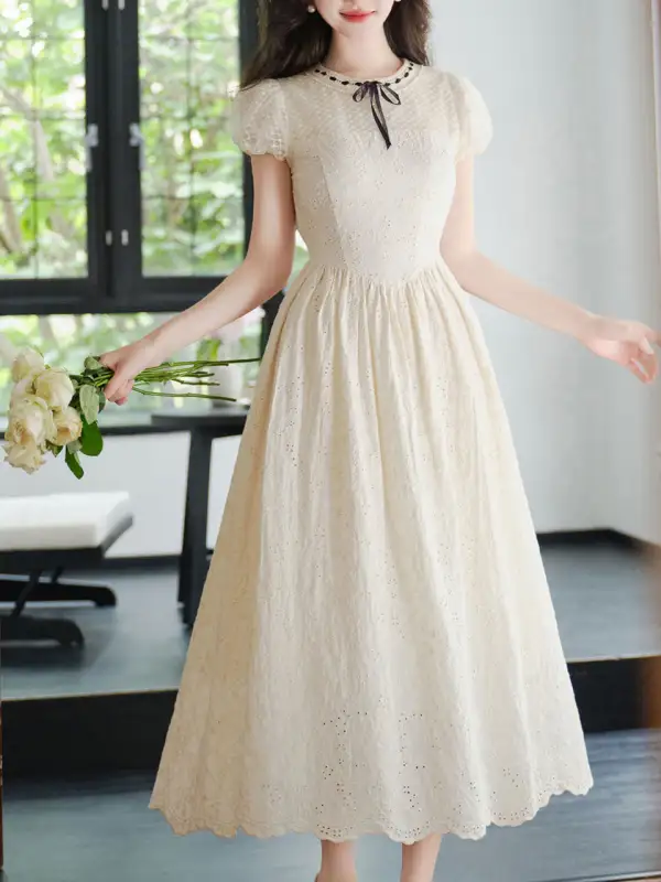Embroidered Bow Puff Long Dress