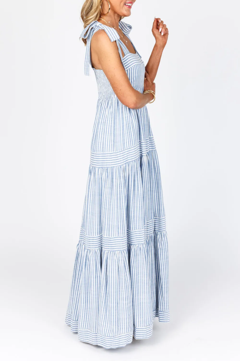 Blue Striped Sleeveless Tiered Maxi Dress