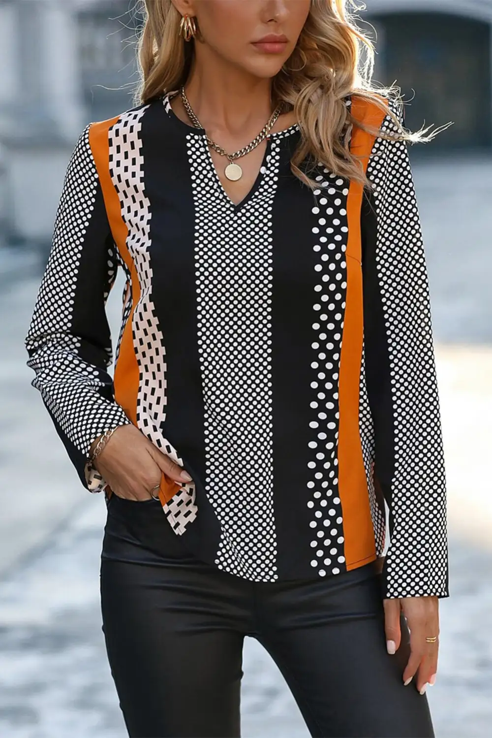 V-Neck Notched Neck Blouse