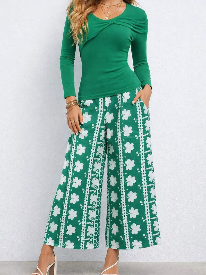 St Patrick Day Clover Elastic Waist Wide Leg Pants