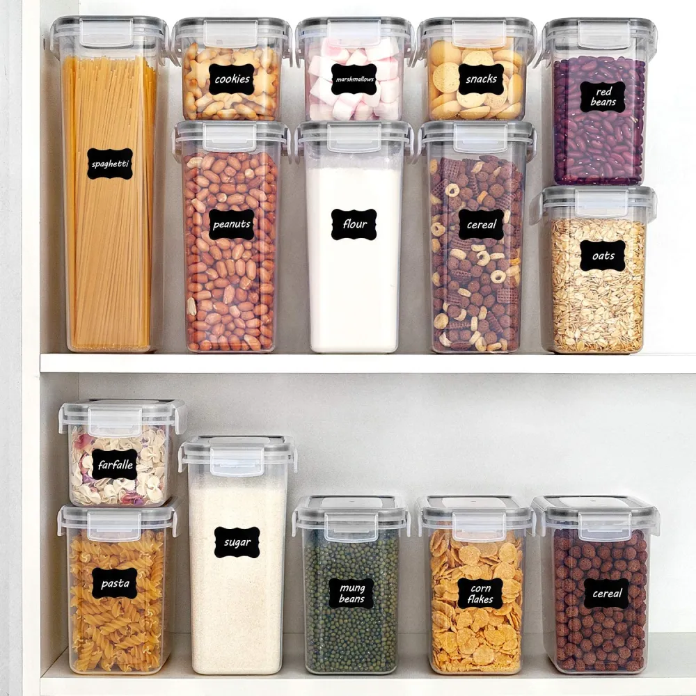 Airtight Food Storage Containers with Lids, 24 pcs Plastic Kitchen and Pantry Organization Canisters for Cereal, Dry Food, Flour and Sugar, BPA Free, Includes 24 Labels