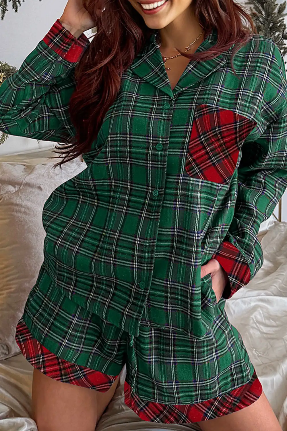 Plaid Contrast Pajama Set