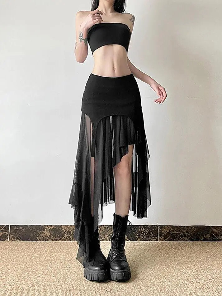 Goth Asymmetric Mesh Mini Skirt