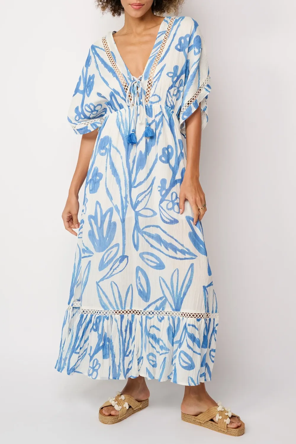Blue And White Botanical Print V Neck Maxi Dress