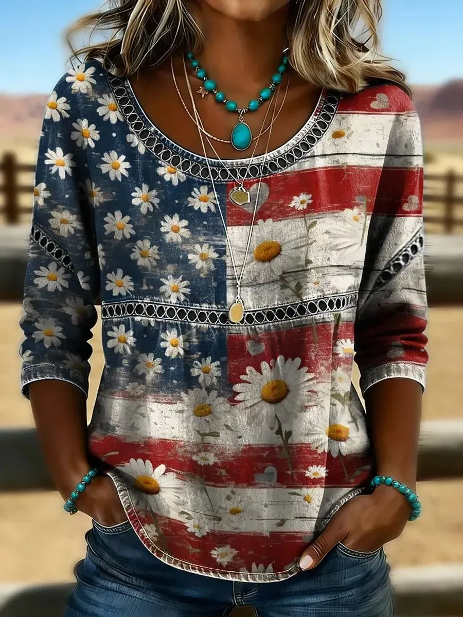 Women's Retro Western Art Print Casual T-shirt