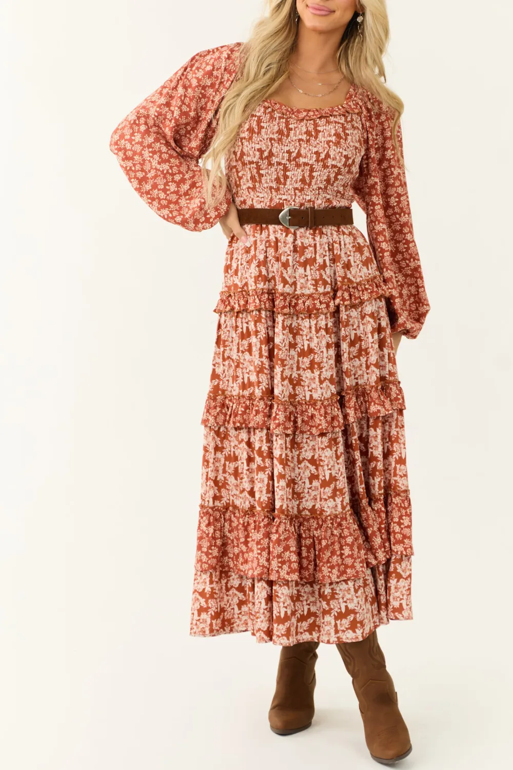 Rust Floral Print Tiered Ruffle Maxi Dress