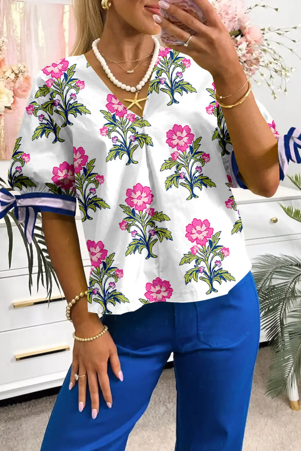 Relaxed Floral Bubble Sleeve Blouse
