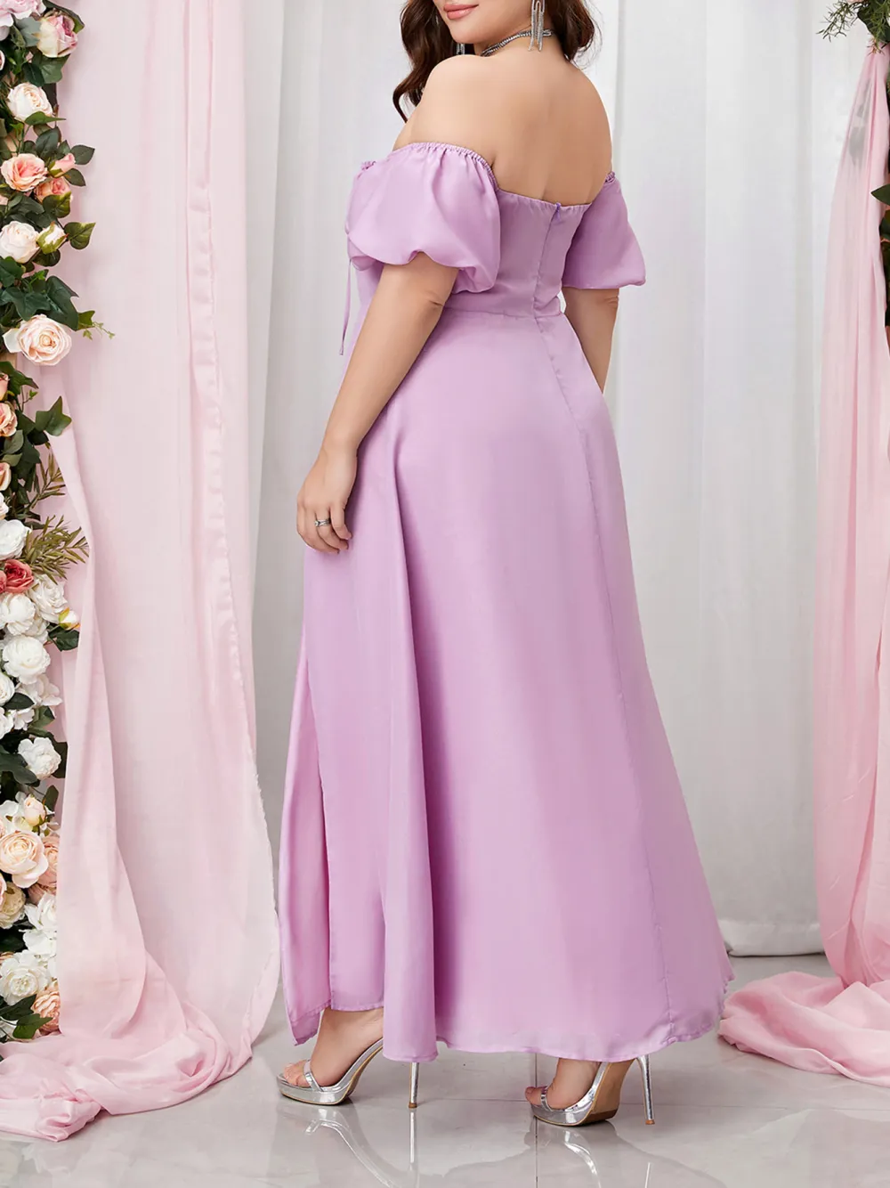 Strapless Dress With Puff Sleeves And High Slits Long Dress Plus Siz