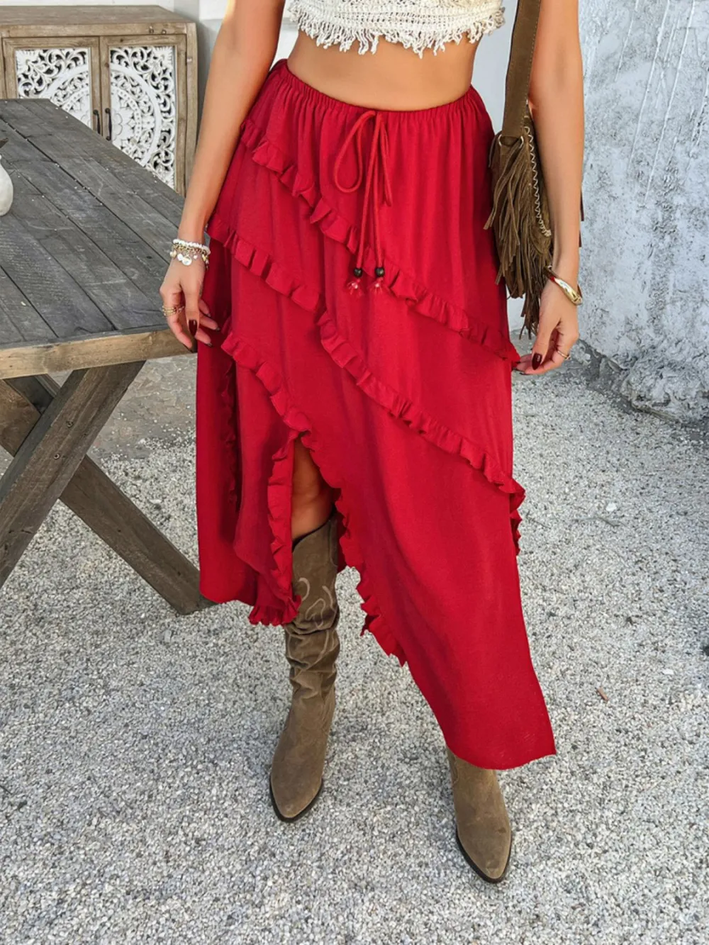 Slit Drawstring Ruffled So Skirt
