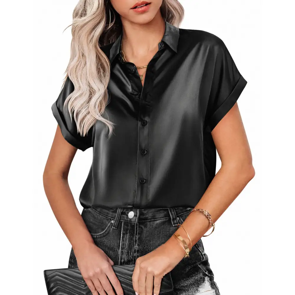 Button-up Lapel Short Sleeve Blouse