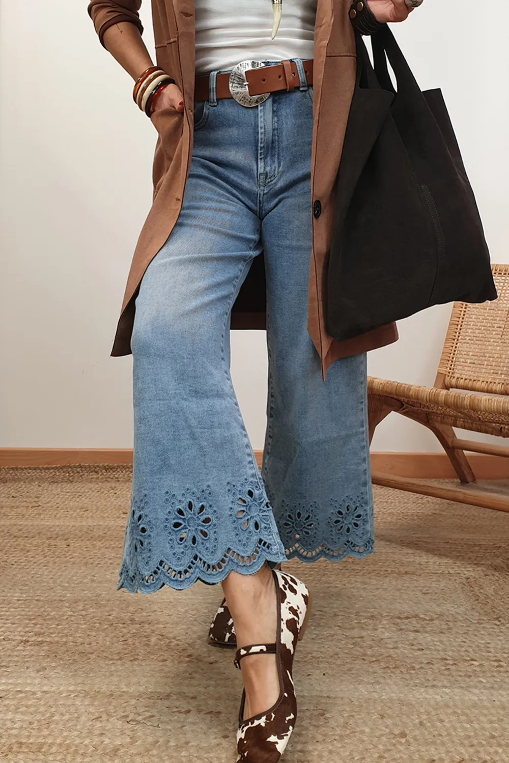 Embroidered Cropped Wide Leg High Waist Jeans
