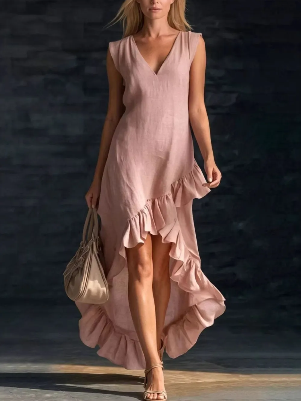 Structured Shape V Neck Ruffle Sleeveless Dress