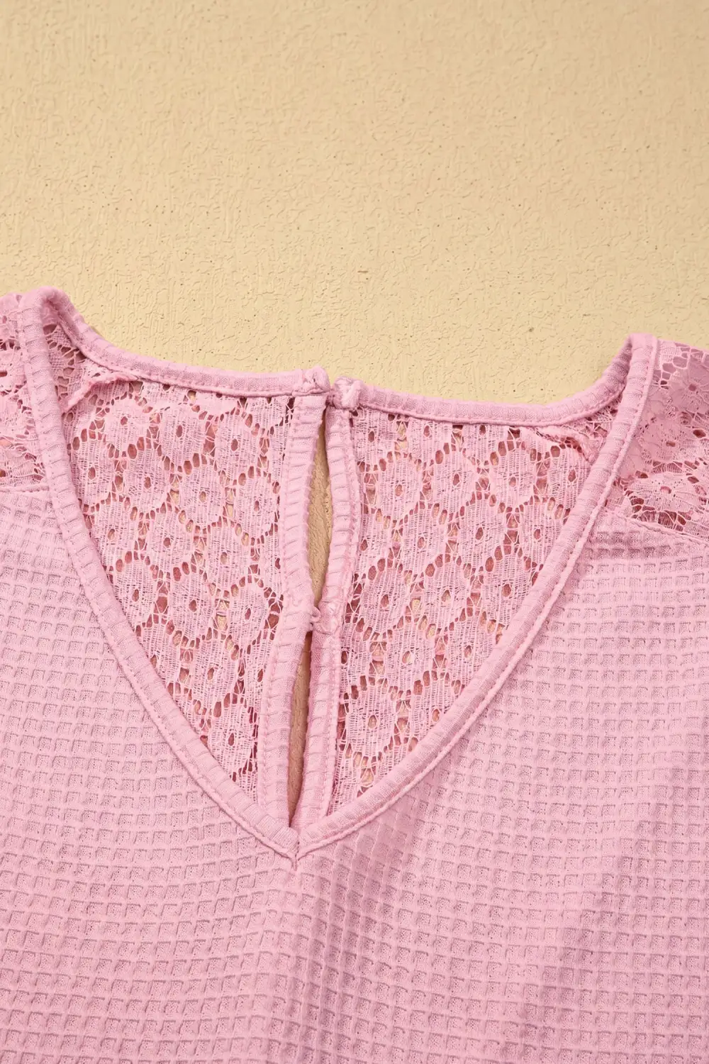 Pink Lace Splicing Button Cutout V Neck Waffle Knit Blouse
