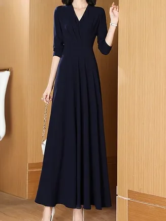 Women Plain V Neck Long Sleeve Comfy Casual Maxi Dress