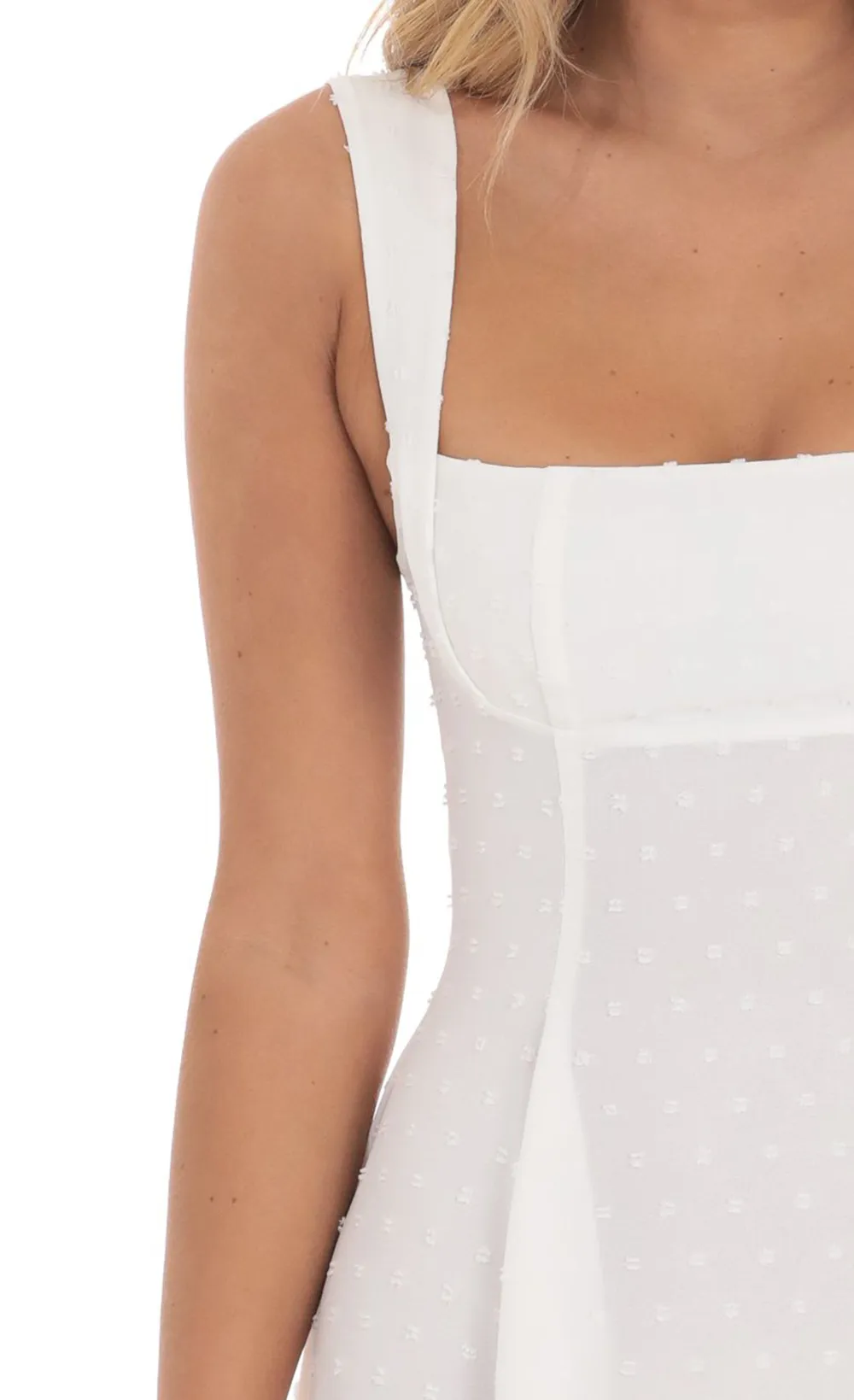 Dotted Square Neck Flare Midi Dress In White