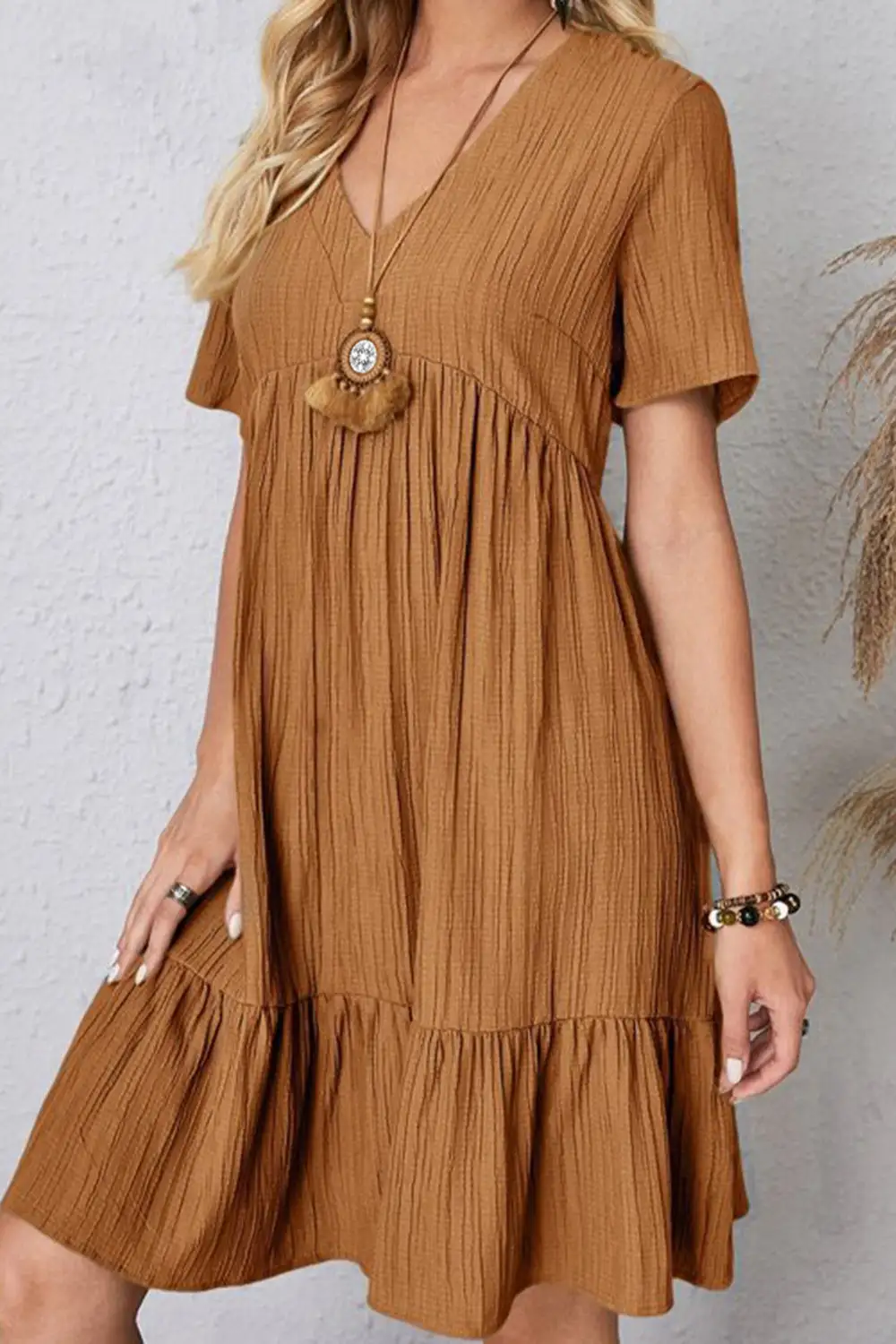 Boho Chic  Plus Size Ruched V-Neck Short Sleeve Dress