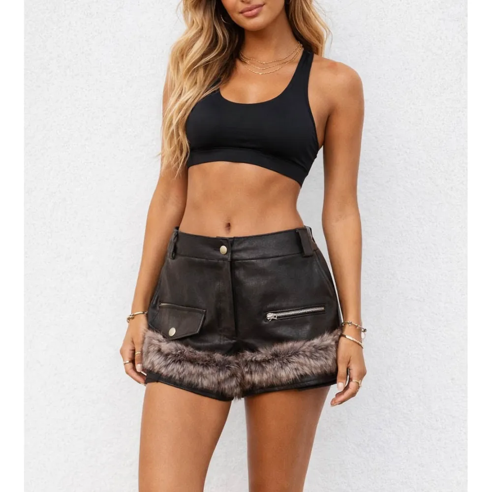 Faux Leather Wide Leg Fur Trim Zip Fly Shorts