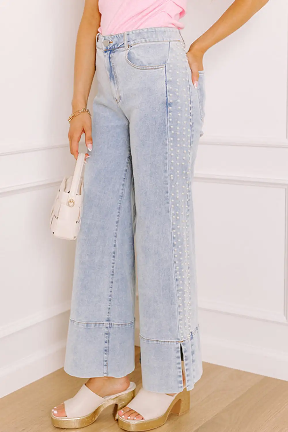 Mid Rise Pearl Embellished Split Wide Leg Jeans