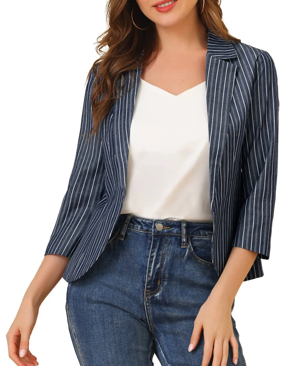 Striped 3/4 Sleeves Open Front Notched Lapel Blazer