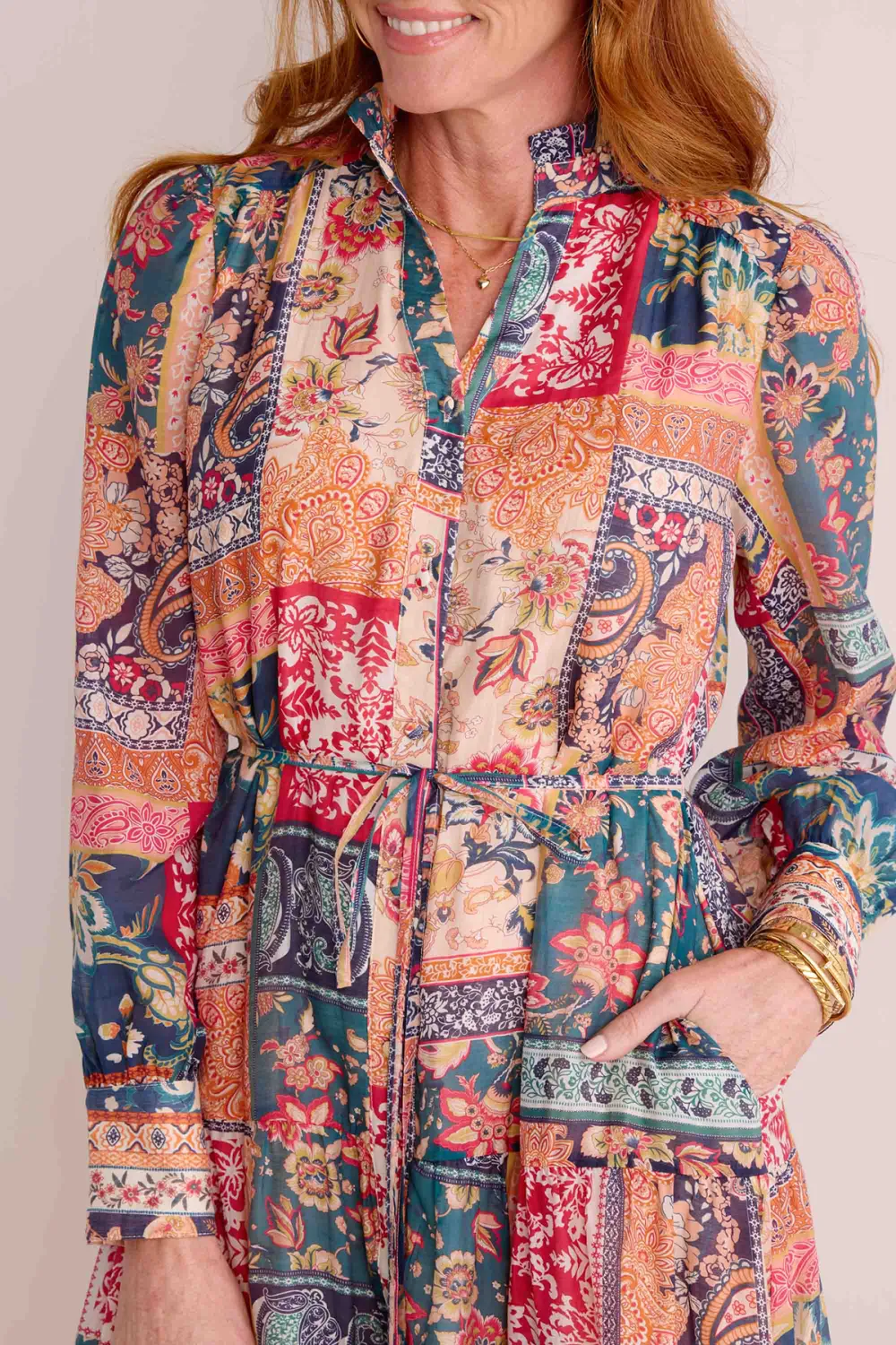 Patchwork Print Tie-Waist Maxi Dress