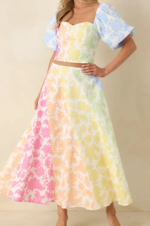 A Rainbow Multi Floral Cotton Linen Midi Skirt