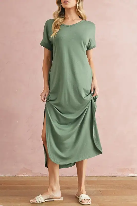 V Neck Hidden Pocket Splits Maxi T-shirt Dress