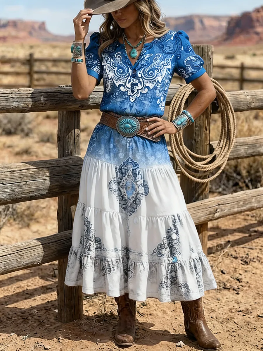 Women's Western Paisley Print Ruffle Maxi Dress