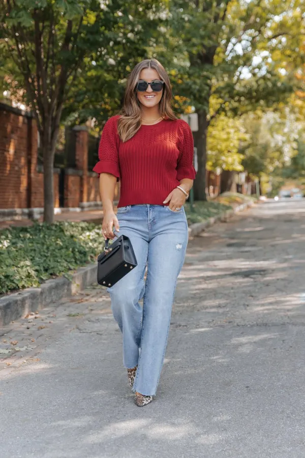 Scarlet Red Puff Sleeve Textured Sweater