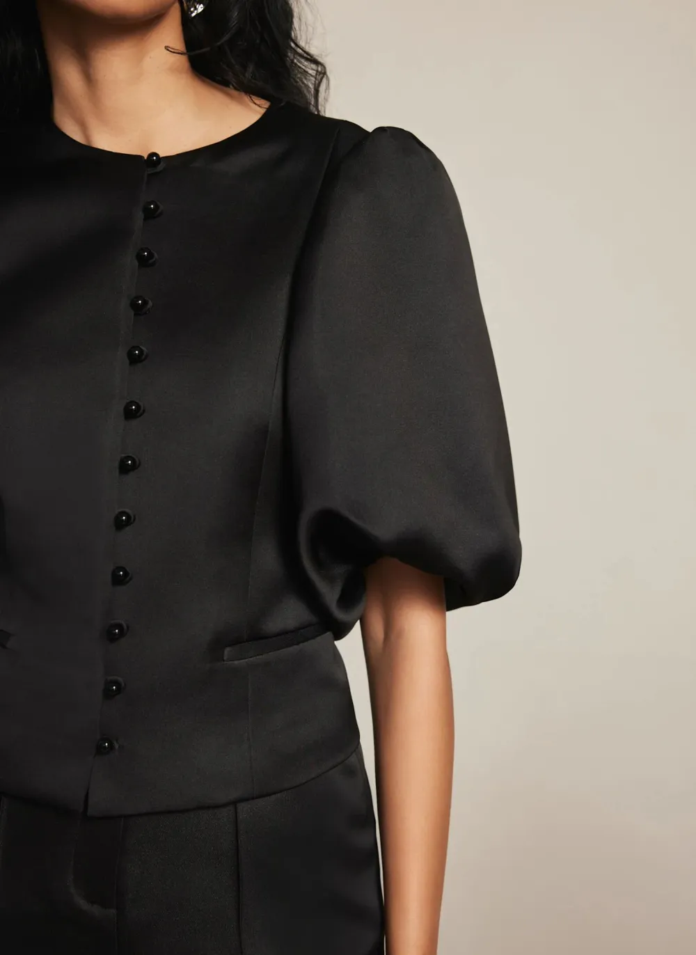 Casual Style Black Puff Sleeve Satin Jacket