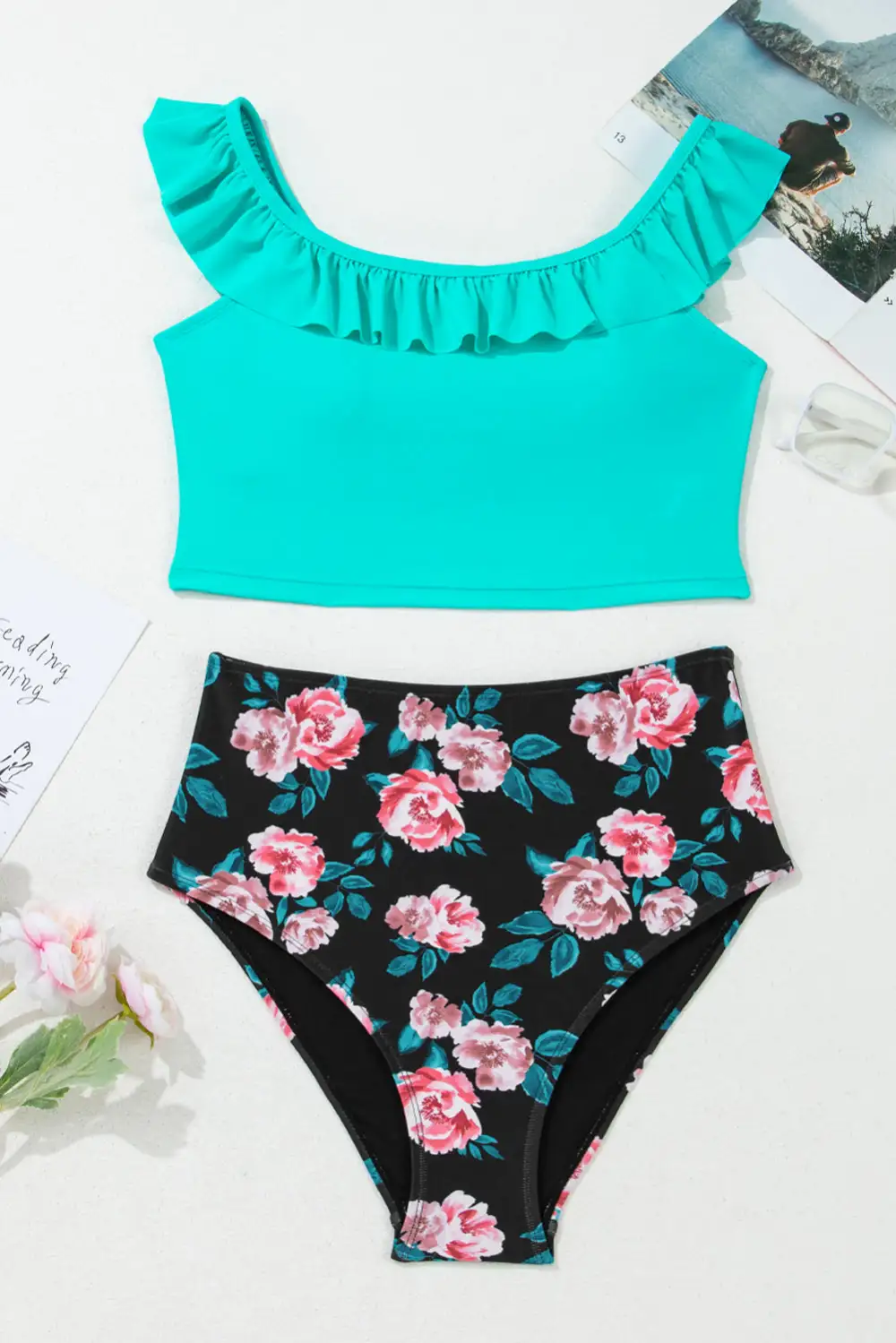 Sea Solid Ruffled Neck Bikini Set