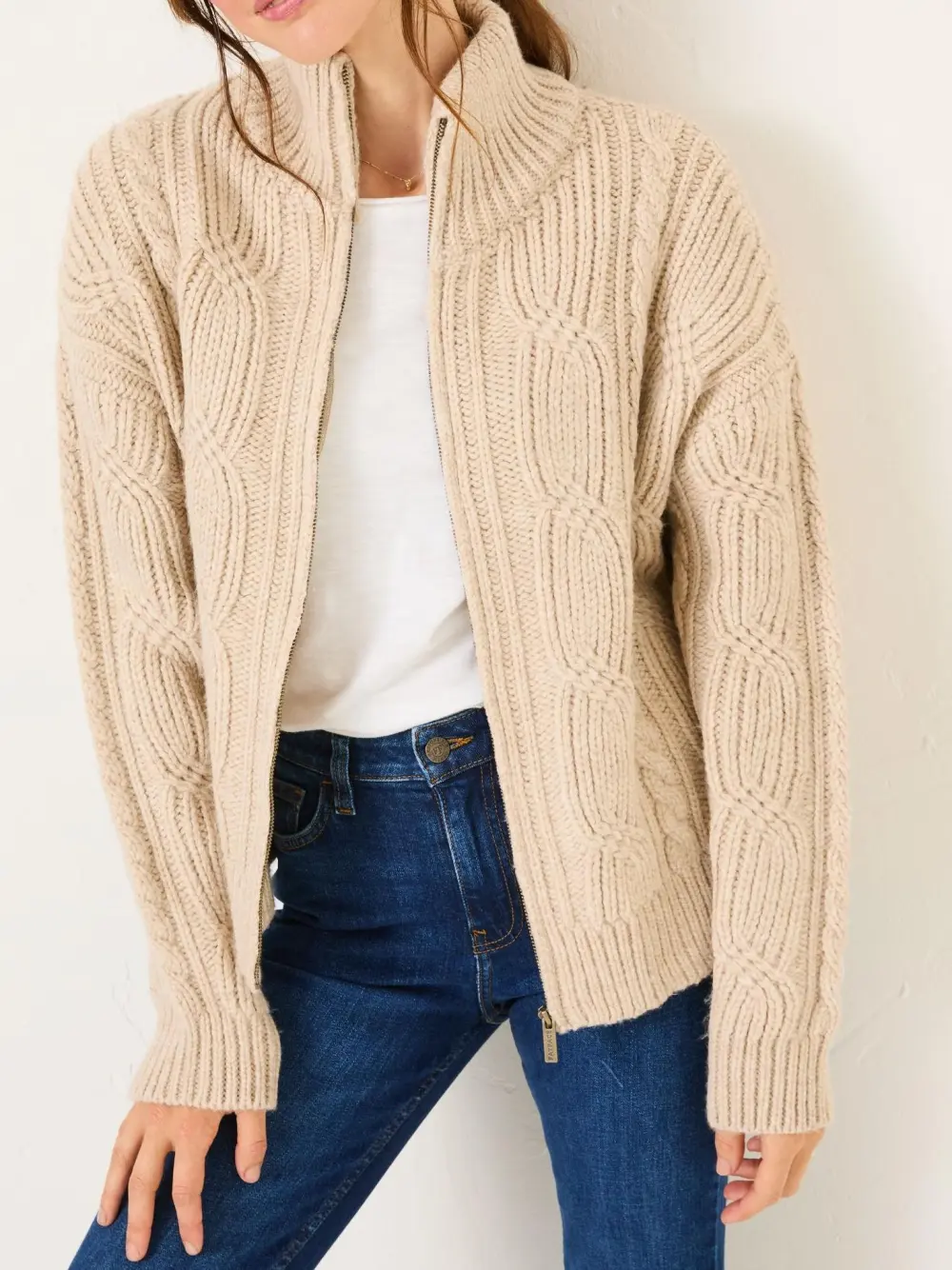 Erin Natural Cable Knitted Zip Through Cardigan