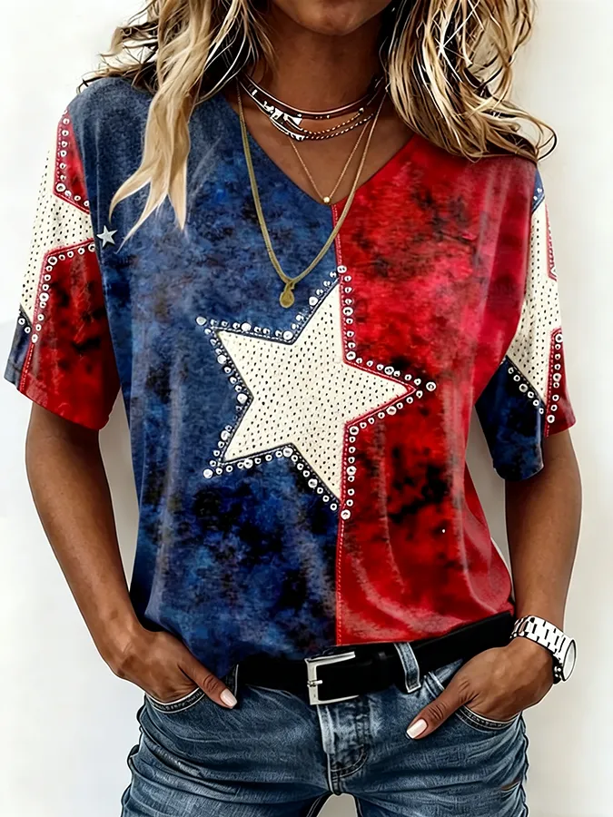 Women'S Casual Western Style V-Neck T-Shirt