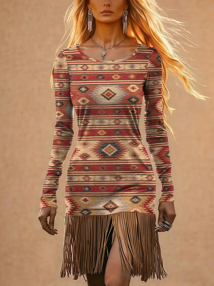 Vintage Western Tassel Long Sleeved Dress