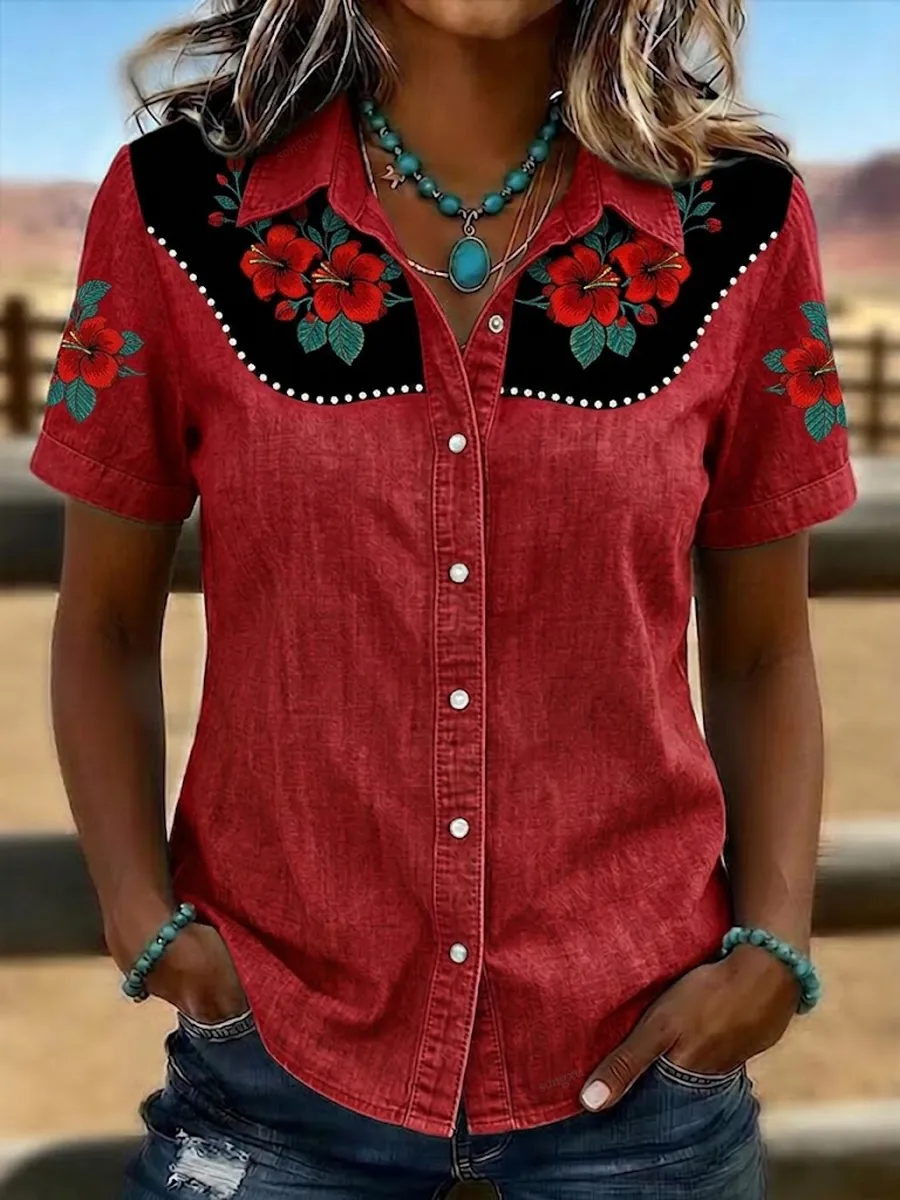Women'S Retro Western-Style Print Short-Sleeved Shirt