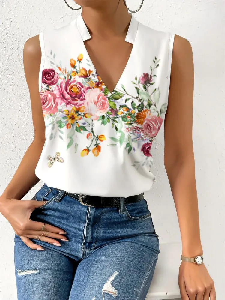 Printed V-Neck Sleeveless Blouse