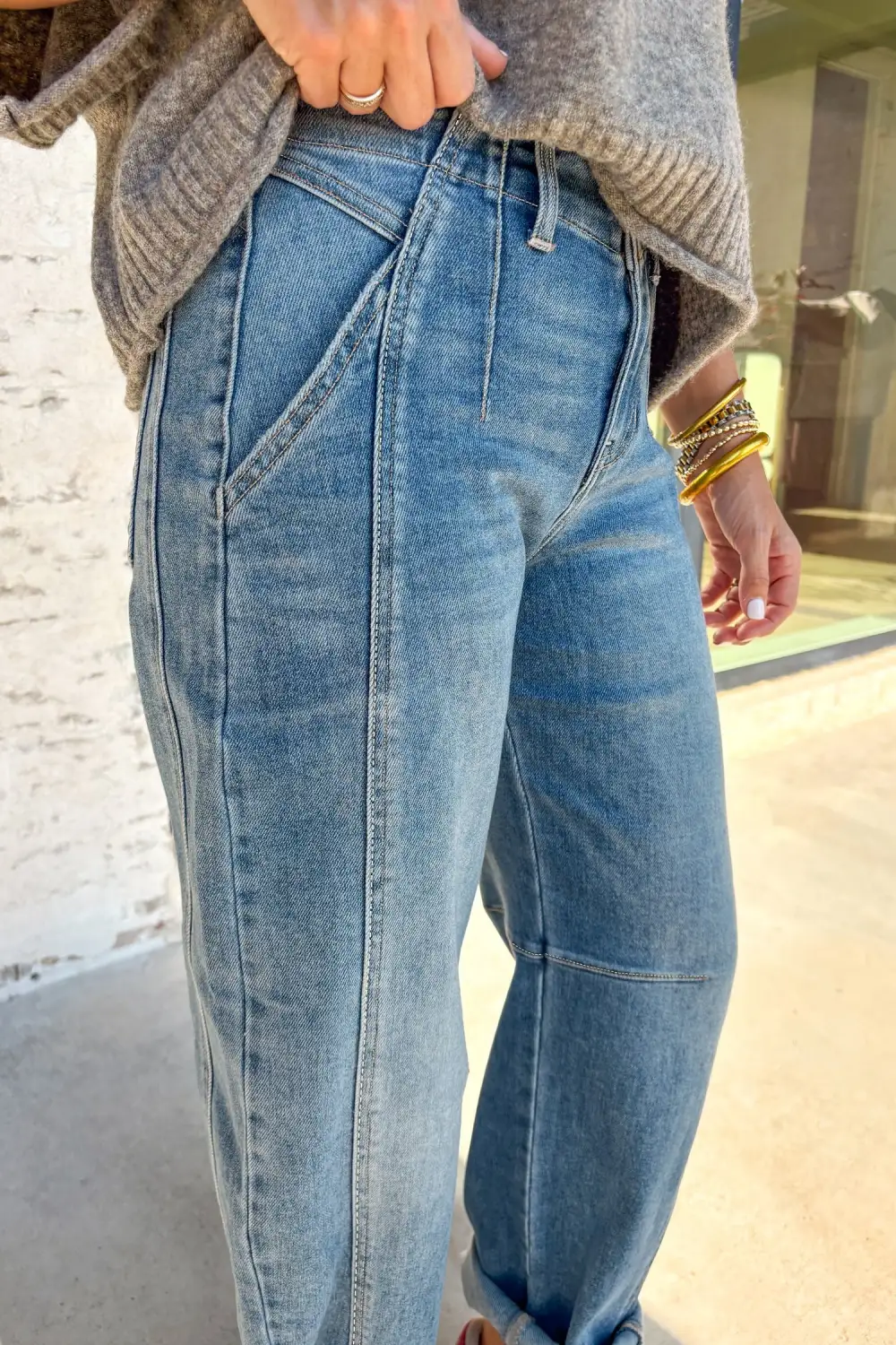 Medium Wash Cuffed Barrel Jeans