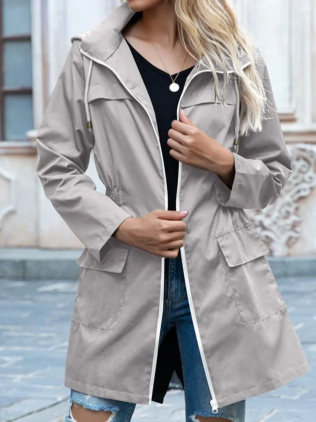 Hoodie Long Sleeve Plain Regular Loose Hooded Trench Coat For Women