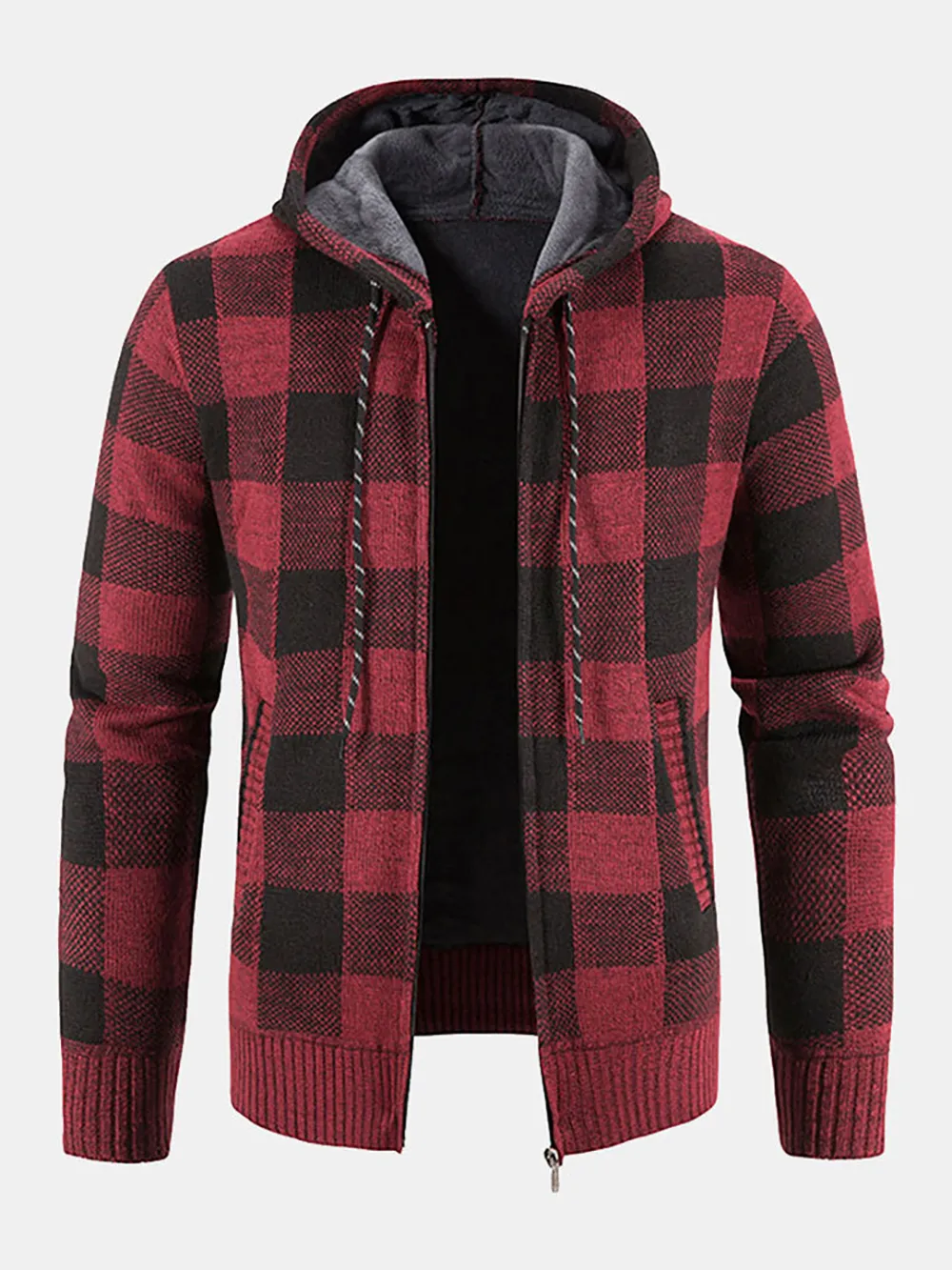 Plaid Zip Up Hooded Cardigan